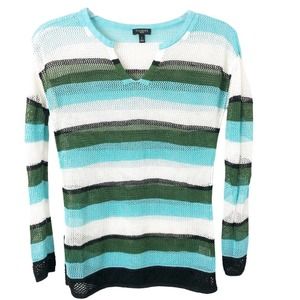 Talbots Women's Petite Open Knit Striped V-Neck Linen Blend Sweater Size P